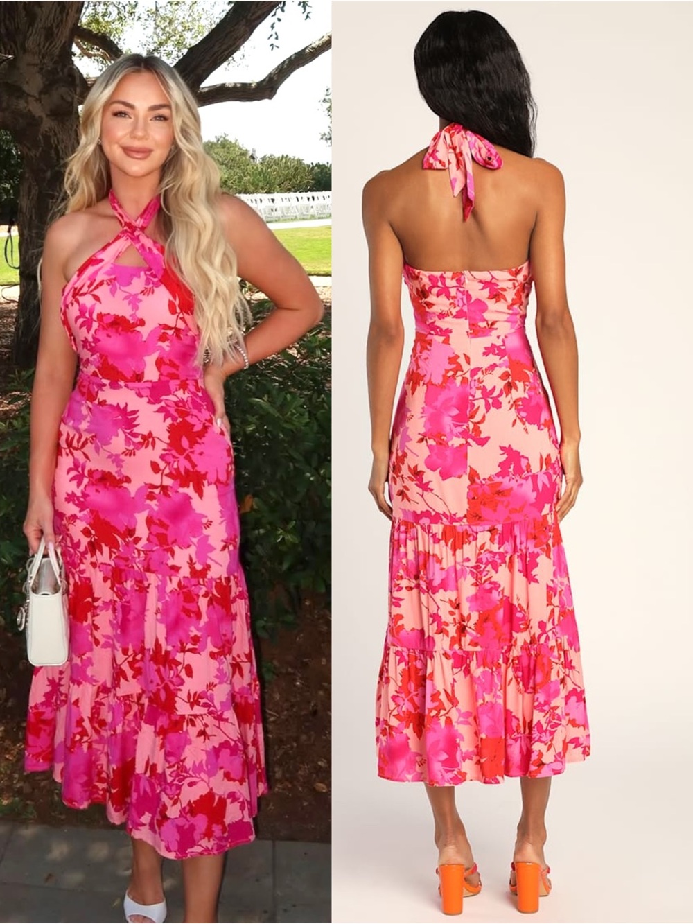 LULUS Floral Halter Tie Neck Open Back Tiered Ruffle Y2K Wedding Guest Dress L